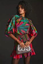 Anthropologie Farm Rio Smocked Dress Puff Sleeve Tropical Leaves Size L NEW