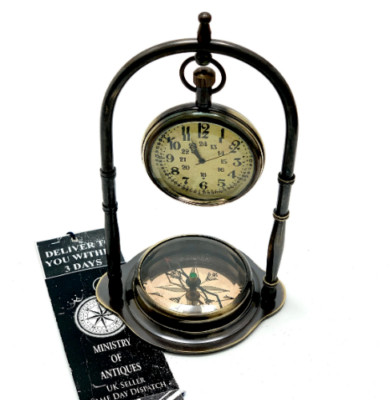 Antike Uhr mit Kompass Victoria London massive Messing Tischplatte Vintage Kompass