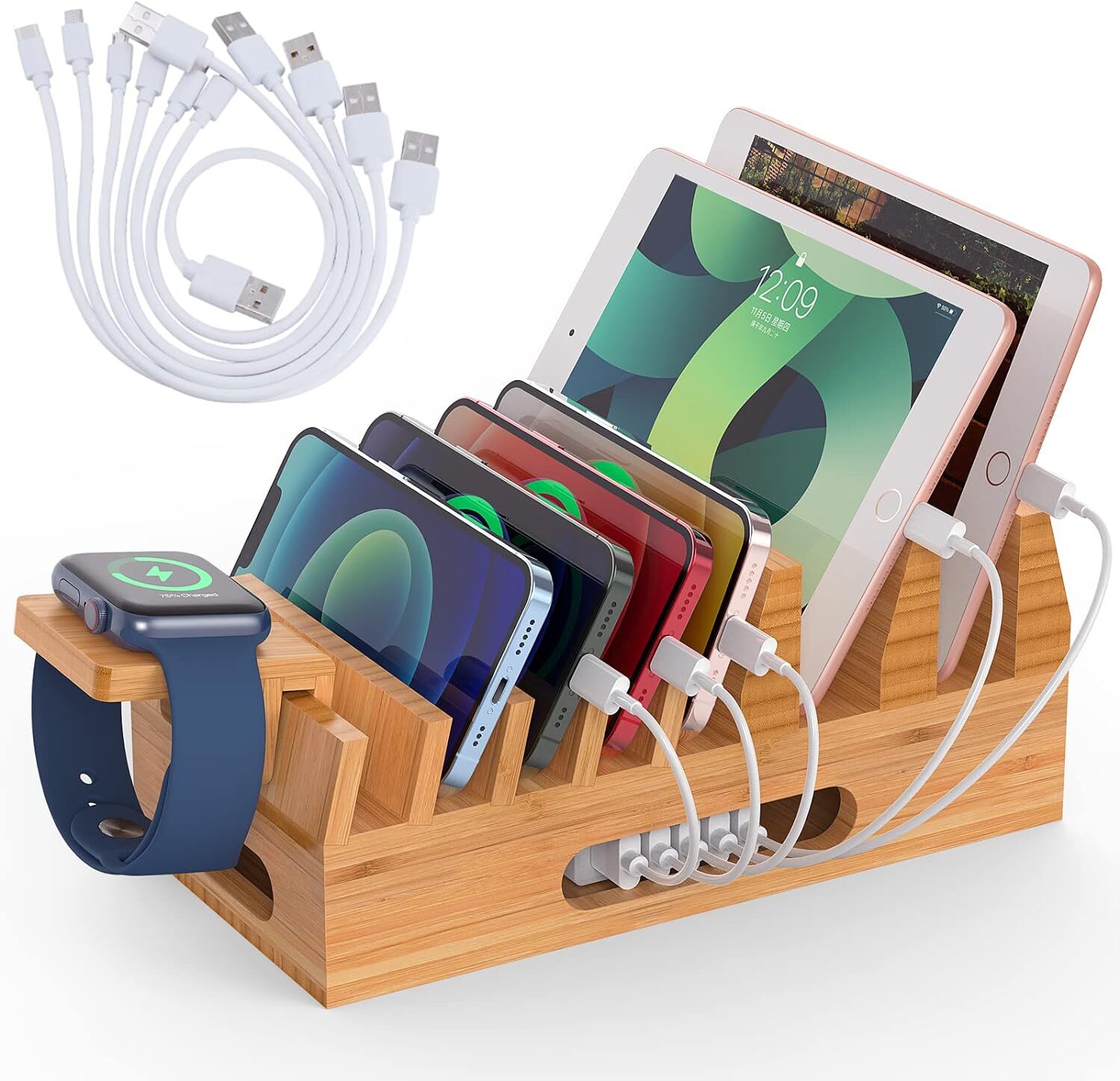 Bamboo Charging Station Organizer for Multiple Devices Wood Desktop Docking-image