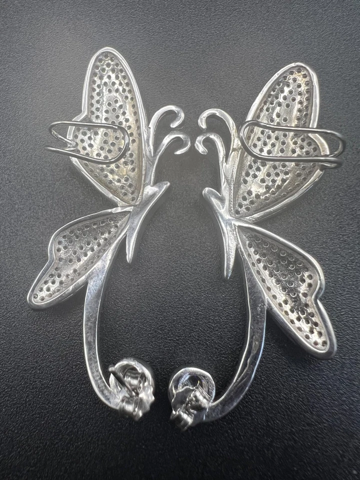 Pendientes de brazalete de plata 925 divididos con circonita cúbica para mujer doble oreja escalador empuje hacia atrás Foto 3 de 4