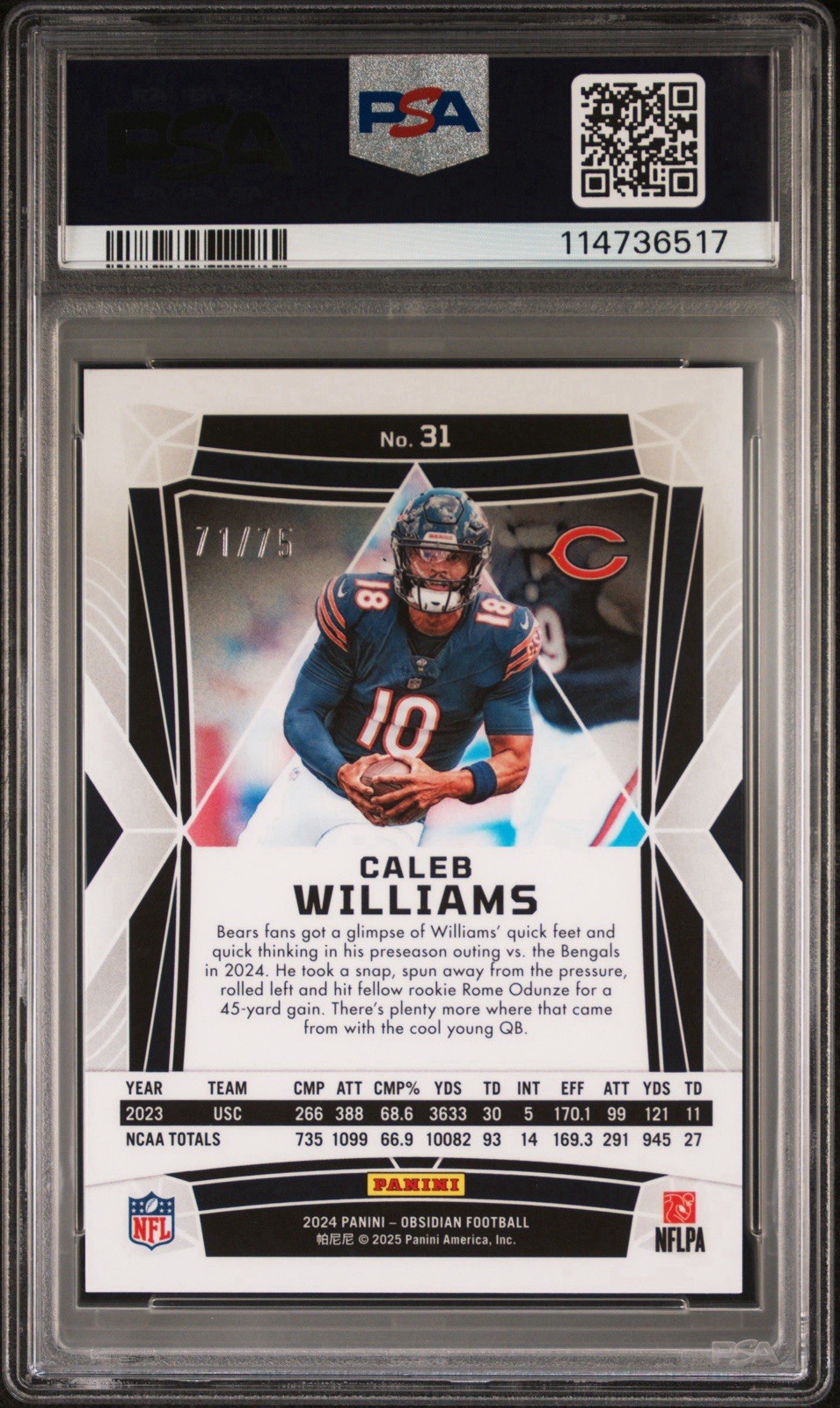2024 OBSIDIAN CALEB WILLIAMS SILVER /75 ROOKIE RC PSA 10 POP 4 SSP INTERNATIONAL view 2
