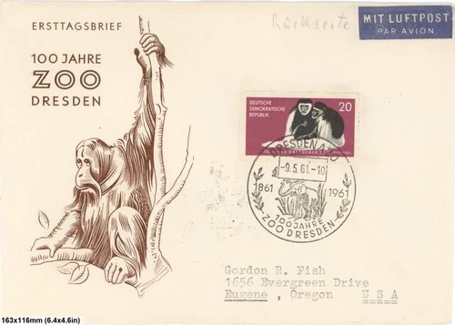 1961 East Germany DDR Zoo Dresden First Day Cover Airmail To USA