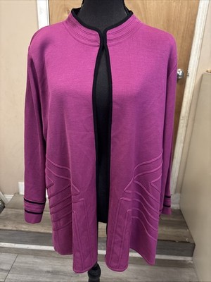 Ming Wang 3X Open Front Knit Jacket Cardigan Magenta Black Trim Plus Travel