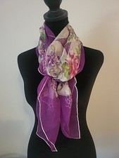 VTG Sheer Silk Chiffon Scarf Purple Multicolor Rolled Stitched Hem Japan 32"