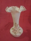 VTG Fenton Pink Flowers Apple Blossom 8.25" Silver Crest Vase White Milk Glass