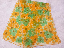 Pretty Vtg 1970s Rayon Chiffon Scarf Yellow Green Brown Daisies Flowers 14x40"