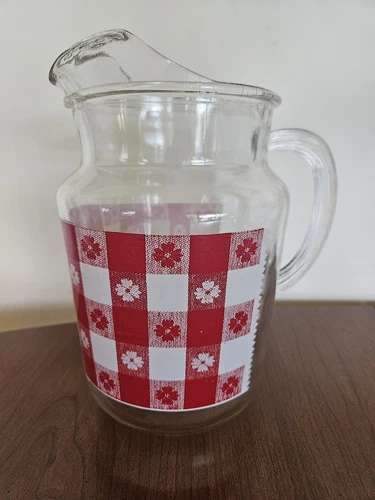Vintage Federal Glass Country Kitchen Daisy Gingham Red White Pitcher