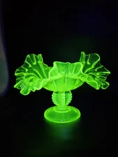 Fenton Art Glass "Sails" Topaz Vaseline Opalescent Candle Compote Dish