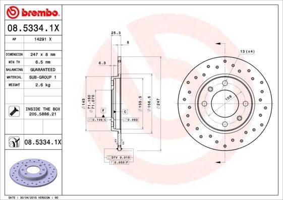 Disque de frein 08.5334.1X BREMBO pour train avant de Citroën Berlingo et Peugeot 207