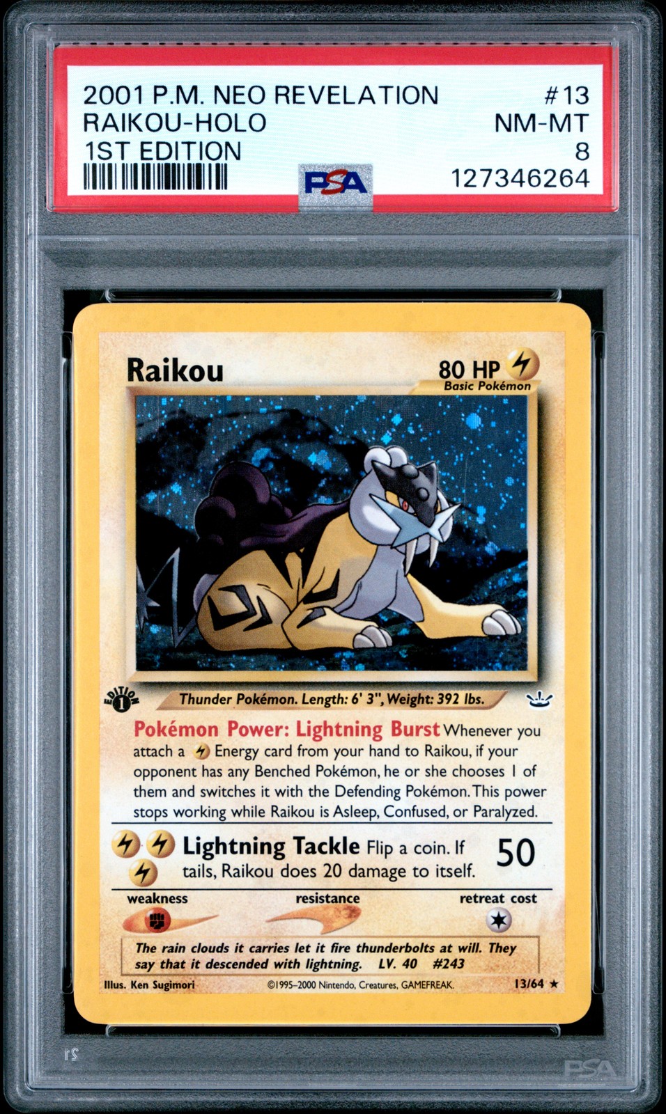 2001 POKEMON NEO REVELATION 1ST ED #13 RAIKOU-HOLO PSA 8