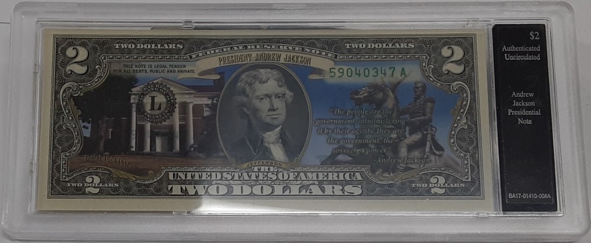 CU Colorized $2 FRN - President Andrew Jackson in Plastic Case | eBay