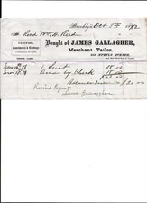 1882 invoice from James Gallagher Merchant Tailor Brooklyn