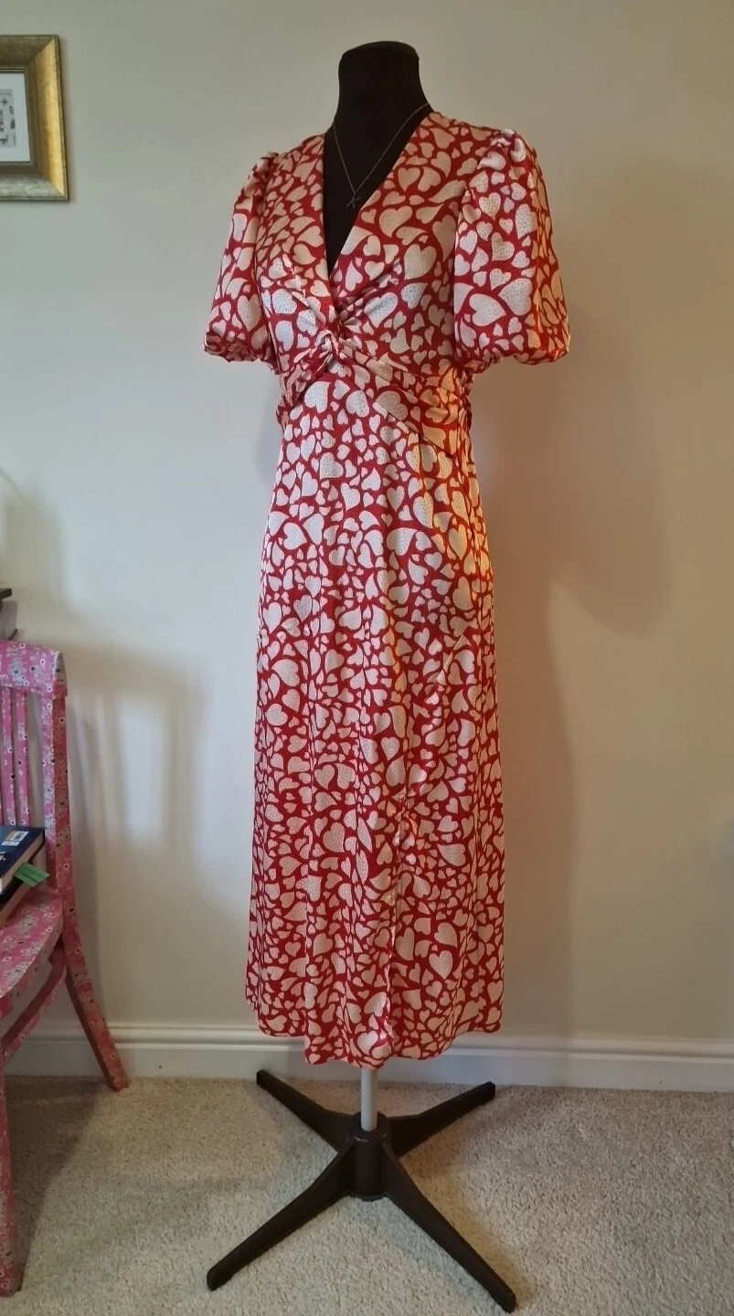 NUOVO LOOK UK 8 Abito Midi Stampa Cuore Rosso Satina Twist San Valentino