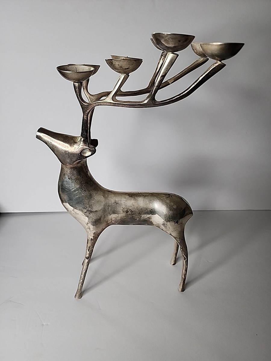 Raindeer Candelabra Pair Candle Holders Metal Silver Color