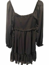 Women’s Boho Style Smock Mini Dress sz M Black  Long Sleeve Party Summer Casual