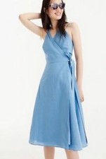 J Crew blue linen Wrap Dress crossover V neck knee dress sleeveless sexy XXS NWT