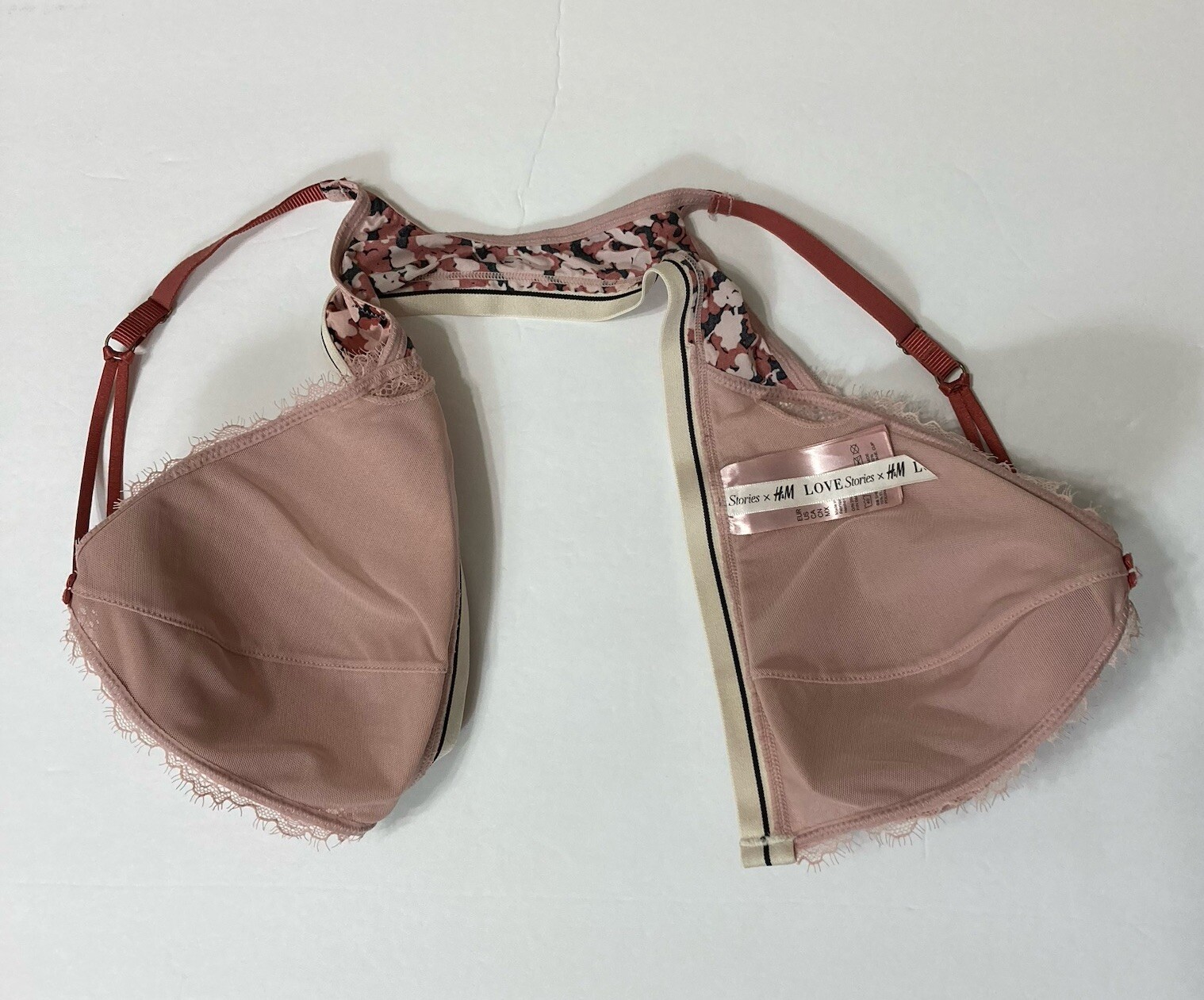 H&M Sz M Front Closure Bra Light Pink Lace Soft Floral Wireless Adjustable Strap thumbnail 13