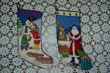 2 NEEDLEPOINT STOCKINGS LET IT SNOW KIDS BUILDING A SNOWMAN  SANTA  REINDEER