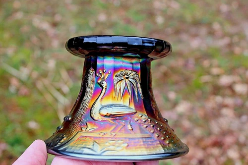 ANTIQUE NORTHWOOD PEACOCK AT THE FOUNTAIN CARNIVAL GLASS PUNCH BASE - AMETHYST