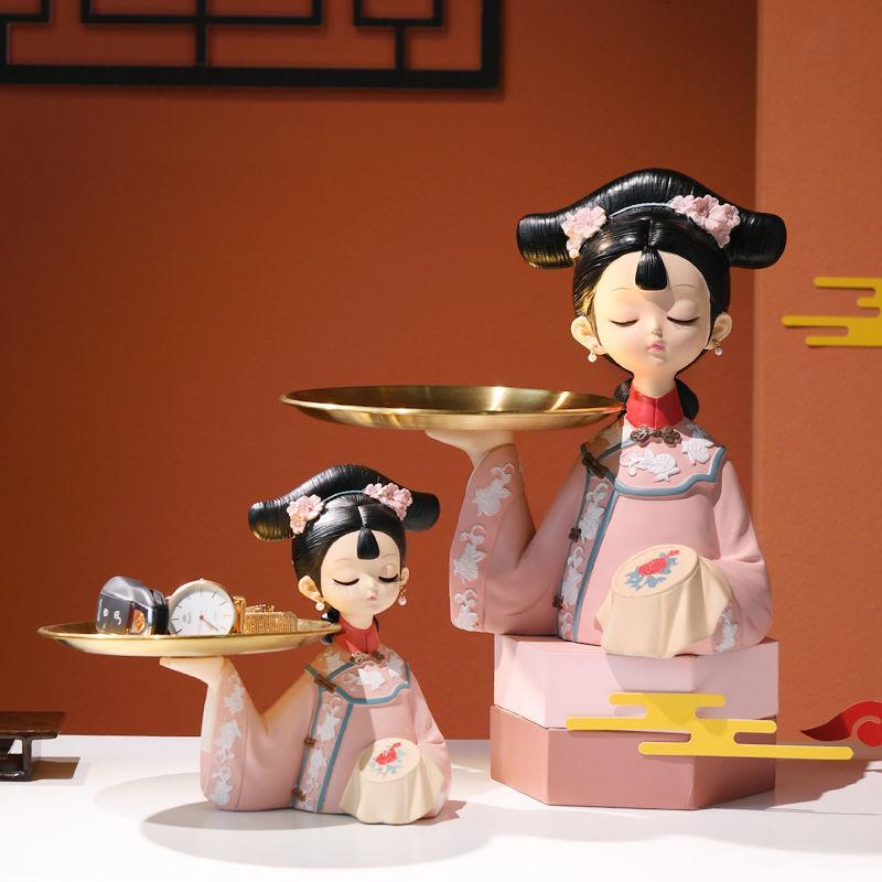 Romantic Chinese Girl Resin Figurine Tray with Carved Details and Free Stand