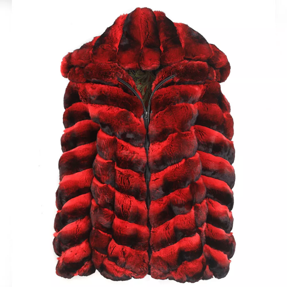 tenaz Práctico Masculinidad Mens Red Chinchilla Fur Coat with Hood Bomber Jacket Zipper Closure | eBay