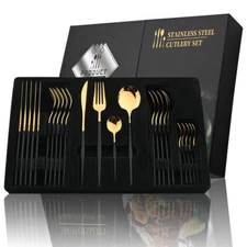 New 24Pcs Black Handle Golden Cutlery Set Stainless Steel Tableware Flatware Set