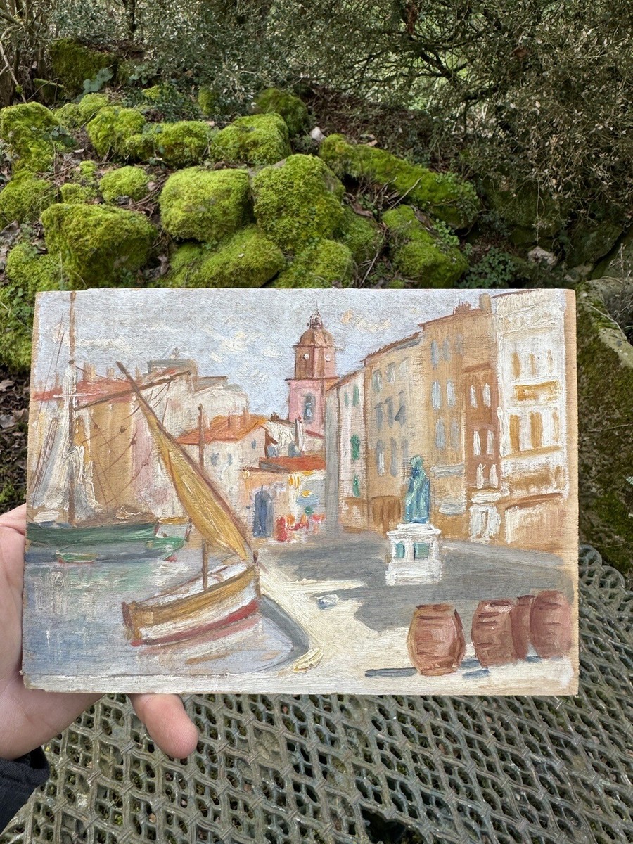 Tableau Peinture à L'huile Sur Panneau - Saint-Tropez Et Sa Forteresse - École Française, 1926 - Paysage Vintage