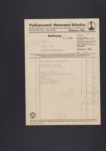 ILMENAU, Rechnung 1938, Vulkanwerk Hermann Schulze Zylinder-Kurbelwellen-Schleif