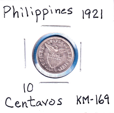 1921 Philippines 10 Centavos (KM-169) .0482 ASW Silver!!! [Philadelphia Mint]