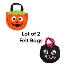 Lot of 2 Novelty Treat Bags Pumpkin Cat Multicolor Silly Face Tote Party Purse