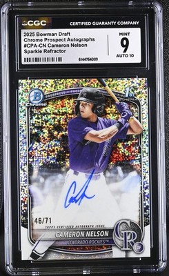Cameron Nelson Topps Bowman Draft 2025 Sparkle Refractor Auto /71 Rockies CGC 9