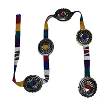 Boho Bright Multicolored Sash Hand Woven Conch Belt 44” Hippie Western