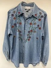 Vtg 90s Sara Studio Women's LS Blue Denim Shirt Blouse Top Embroidered Floral M