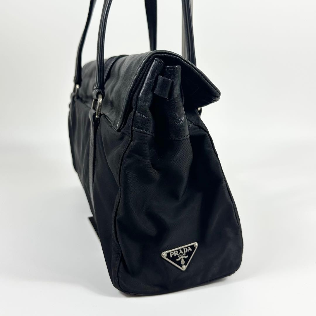 PRADA Triangle Logo Shoulder Bag Tote Bag Nylon Leather Black Used From Japan !! thumbnail 4