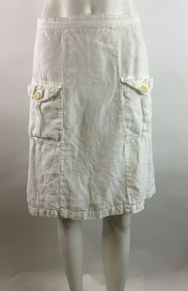 Flax Sz P 100% Linen A-Line Pocket Front Cargo Skirt White Lightweight Beach  AG - Image 2 of 4