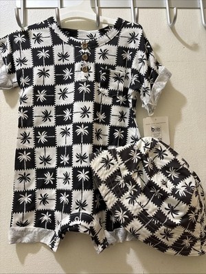 Grayson Mini Baby Palm Romper w/ Matching Hat, Black/White, Size 3-6 Months