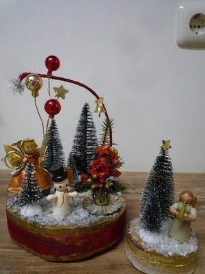 Weihnachtsdeko ,Tischdeko mit Kerze Engel  auf Holzscheibe +  Engel Erzgebirge