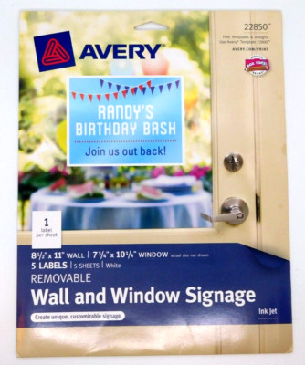 Avery Wall and Window Signage 8 1/2 x 11 Labels 22850 5 Sheets Ink Jet ...