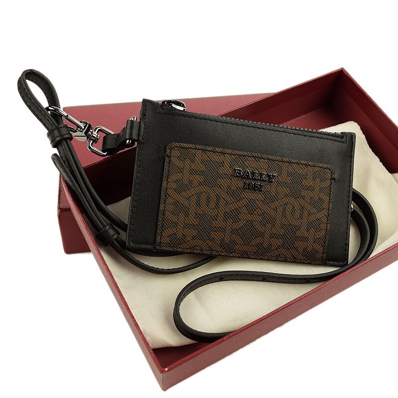 BALLY Black Brown Logo BABEEL Leather Credit Card Case Removable 