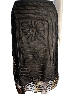 MaxStudio Size Large Black 100% Silk Hollow-Out Lace Knee Length Skirt NWT $148