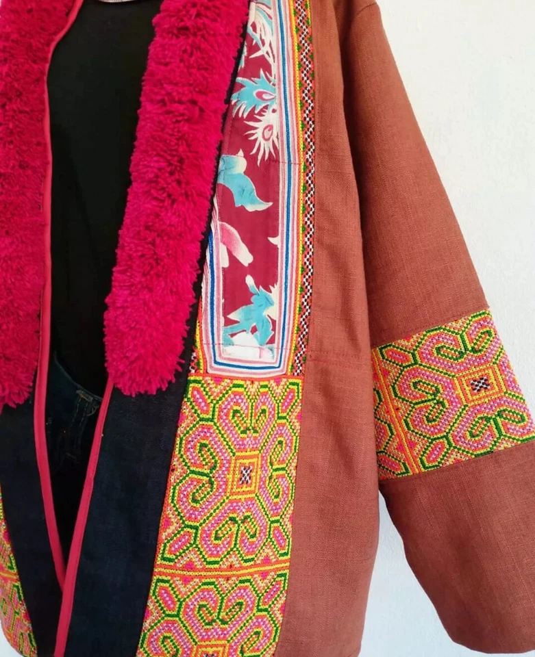 Women's Thai Yao Tribe Brown Hemp Hand Embroidered Robe Long Sleeve Oversize - Image 4 of 4