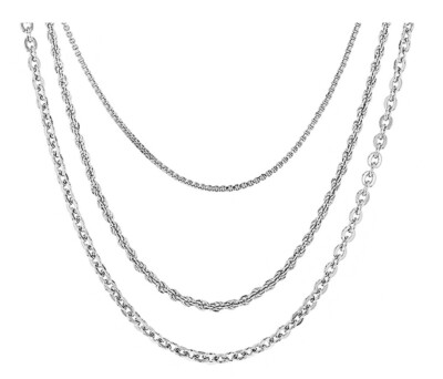 JTV RHODIUM OVER BRONZE BOX, ROPE & CABLE LINK CHAIN SET O 3 18, 20 & 24 INCH...