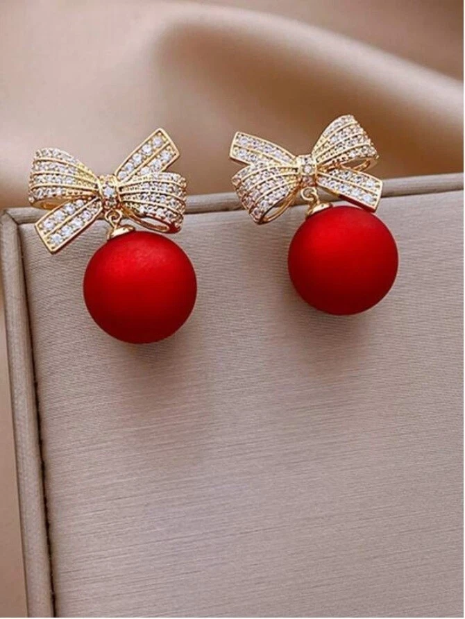 Womens Gold Metal Xmas Christmas Rhinestone Bow Red Decor Stud Drop Earrings - Image 2 of 2