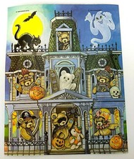 Vintage Gibson Halloween Sticker Sheet Haunted House Teddy Bears 1990 Costumes