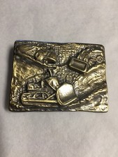 Vintage Bulldozer Belt Buckle Brass Tone Metal Heavy Machinery Construction