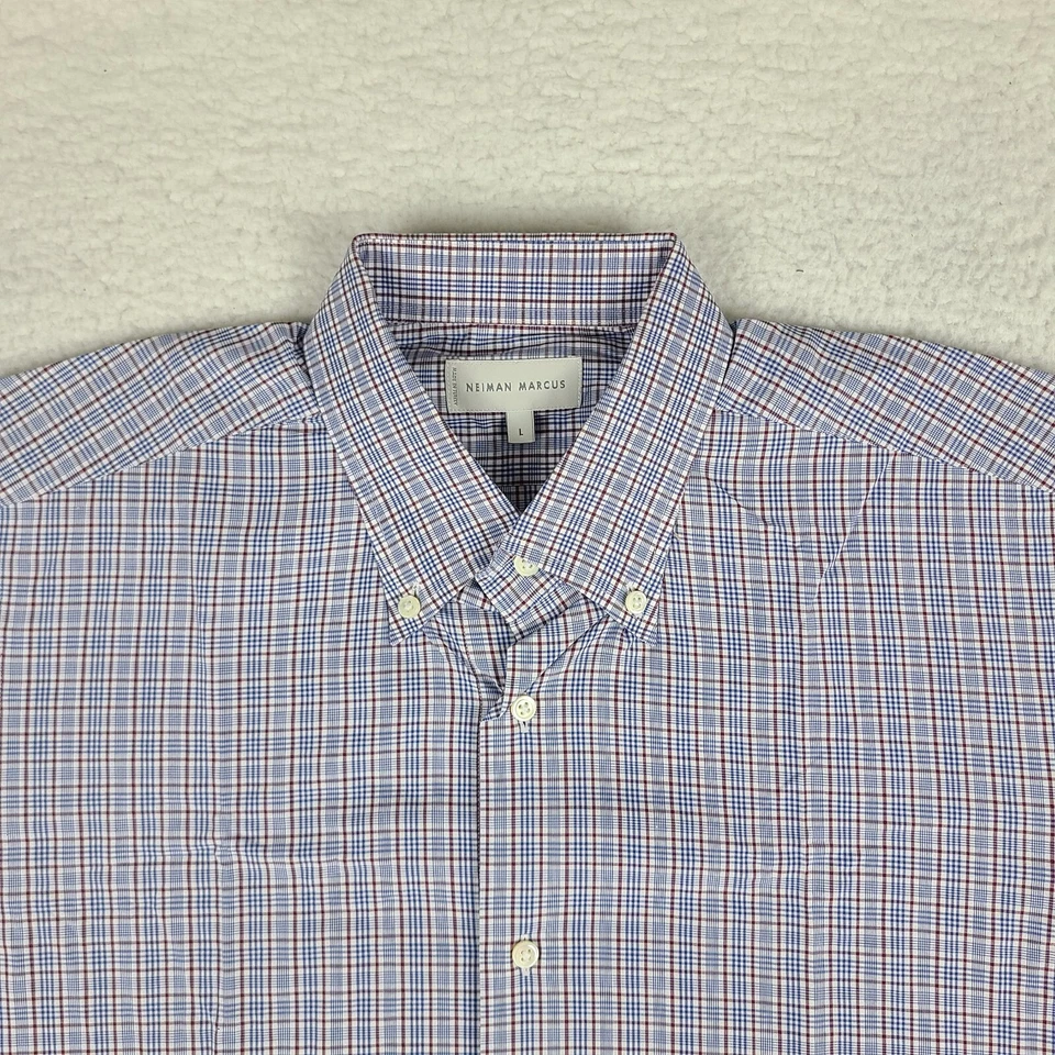 Neiman Marcus Shirt Mens Large Blue Plaid Cotton Dress Button Down ITALY MADE - Image 3 of 4