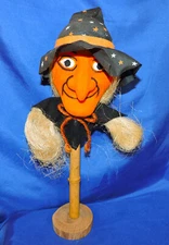 Vintage Primative Flocked Witch on Stick Corn Silk Hand Made OOAK Folk Art