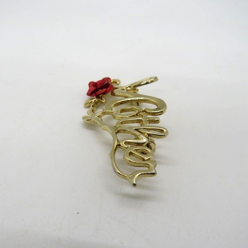 Vintage Mother Brooch 2" Gold Tone Script Spellout Red Rose Stem Pin - Picture 3 of 9