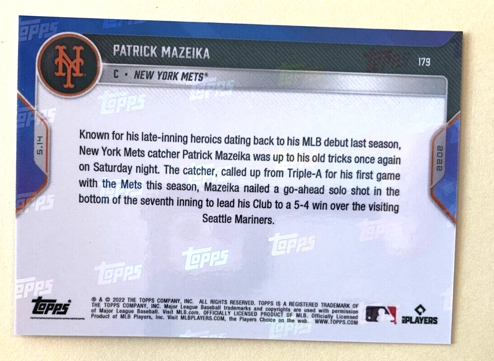 PATRICK MAZEIKA 2022 TOPPS NOW ROOKIE CARD 179 PRINT RUN = 741 NEW YORK METS - Image 2 of 2