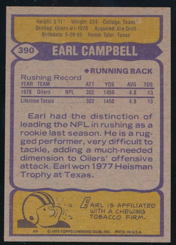 Tarjeta de novato Earl Campbell 1979 Topps #390 Houston Oilers casi nueva-como nueva - Imagen 2 de 2